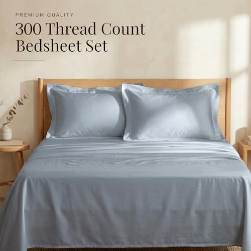 Image of HUESLAND Premium 300 TC Pure Cotton Sateen Weave Queen Bed Bedsheet with 2 Pillow Covers Included | Greyish Blue | 88 x 100 inches