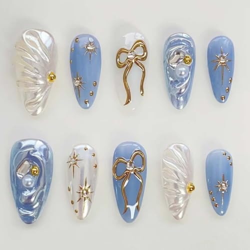 LINMEIZAI 24Pcs Press on Nails Short Almond with Baby Blue DesignFake Nails Press ons Nail Tips Glue on Nails Full Cover Acrylic Nail Kit False Nails Stickers Nail Art Supplies for Women Manicure