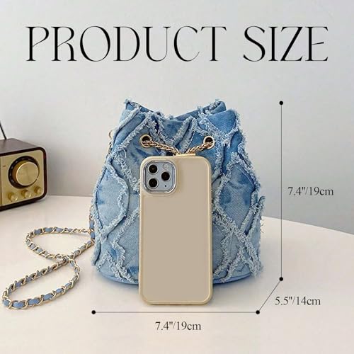 Small Denim Bucket Bag for Women, Quilted Jean Drawstring Purse with adjustable & detachable Strap,Stylish Shoulder Handbag2