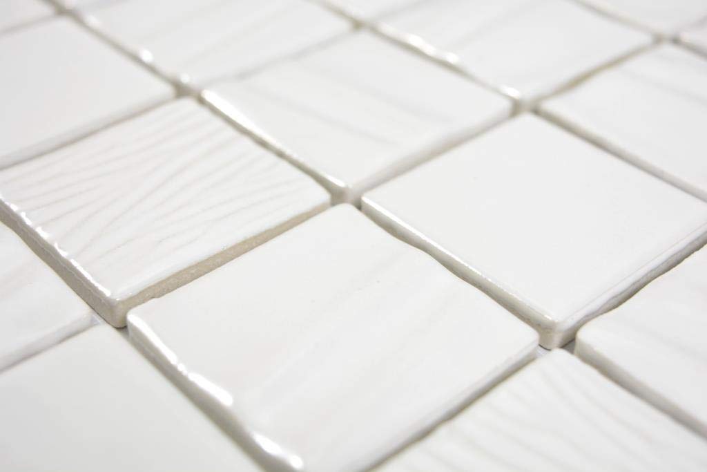 Keramik Mosaik weiss plain Wand Küche Dusche Bad Fliesenspiegel Mosaikfliese, Mattengröße: 295x295 = 0,09 qm, Steingröße: 47x47x7-8,5mm - 1 Matte