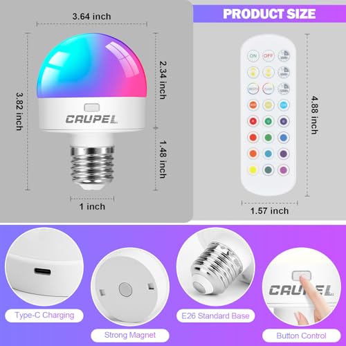 Image of RGBCW Rechargeable Battery Operated Light Bulbs, E26 Detachable LED Bulb with Remote Control, 60W Equivalent, 500Lum, 3 Color Temperatures, 15 RGB, Emergency Light Bulbs for Home, Outdoor, 2 Pack
