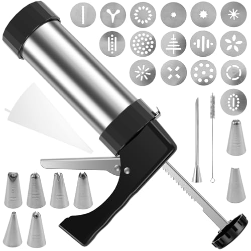 Churro Maker Machine, Stainless Steel Churro Press Machine, Cookie Press Gun, Household Churro Maker Kit with 8 Piping Nozzles 16 Cookie Discs, Churros Gun Kit for Cake DIY Decorations