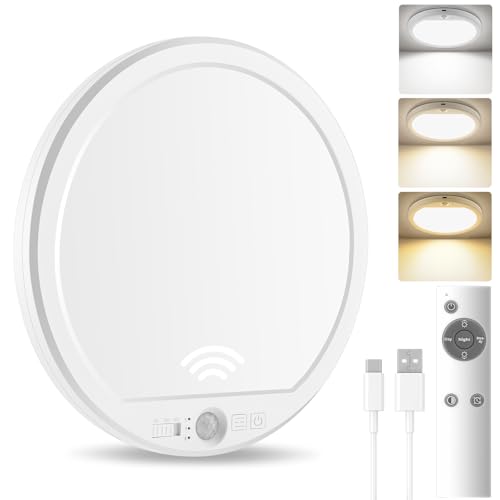 Plafonnier LED à piles avec Détecteur de Mouvement,Plafonnier à Piles avec Télécommande,Lampe Rechargeable USB Sans fil pour Salle de Bain Couloir...