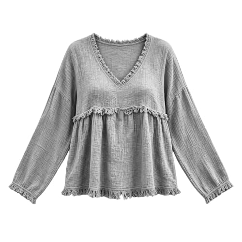 Boho Tops for Women Long Sleeve Flowy Frayed Trim Vintage Tunic Shirts - image 3