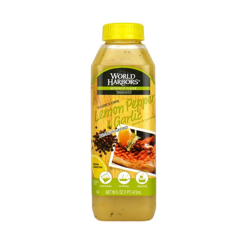 World Harbors Lemon Pepper and Garlic Sauce and Marinade, Made in Maine, Great for Lemon Pepper Wings! 16 oz