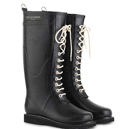 Ilse Jacobsen HORNBÆK | Lange Damen Gummistiefel aus Natur Bio Gummi | Wasserdicht | PVC Frei | Hohe Stiefel mit Schnürsenkel aus Baumwolle | Dänisches Design | RUB1 | Black | 40 EU