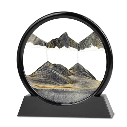 Moving Sand Art, 3D Liquid Motion Deep Sea Sandscape Color Quicksand Decor, Round Glass Flowing Circle Sand Art Sandscapes Picture, Relaxing Desktop Home Office Work Decor, 7 inch Black