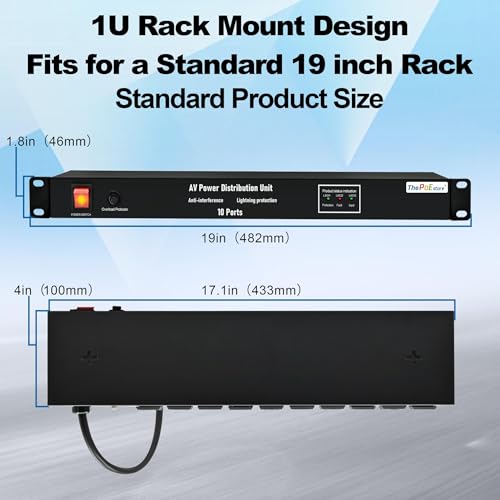 Image of 1U Horizontal PDU 19 inch Rack Mount Power Strip - Surge Protector | For Network Servers, 10 NEMA 5-15R Outlet, 120V 15A, 3600 Joules, Heavy-Duty 6 ft Cord