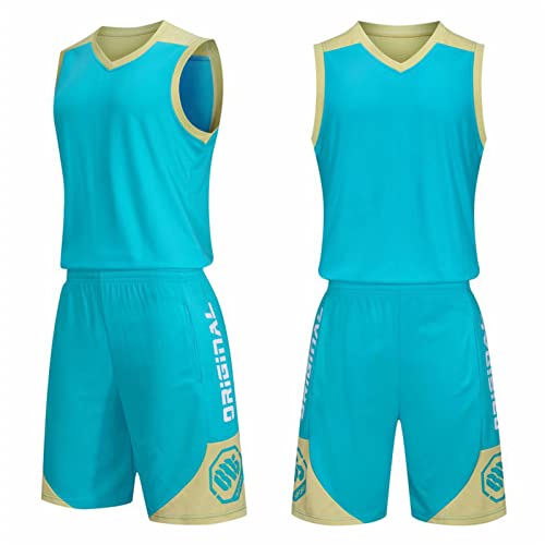 Image of Sleeveless Basketball Jersey,Mesh Vest, Uniform Top and Shorts, Boys' Summer Clothing Set,Adult Basketball Jersey (Light Blue,5XL)