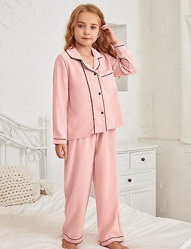 Satin Pajamas for Girls 2 Piece Sleepwear Long Sleeve Silky Shirt Kids Clothes,Size 10 11 Pink2