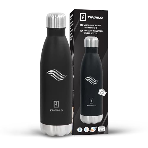 TAVIALO Vakuumisolerad drickflaska, termosflaska, 500 ml, 750 ml, 1000 ml, för resor, sport och utomhusaktiviteter, läckagesäker (Svart, 500 ml)