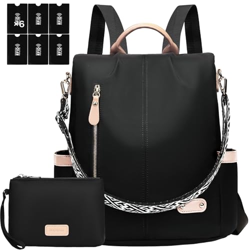 ONETOALL Bolso Mochila Mujer Casual, Mochila Antirrobo Mujer Impermeable, Mochilas Mujer Pequeña Nylon Negra con Bolsillos RFID, Convertible en Bolso de Hombro y Mano para Viajes Uso Diario