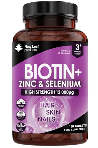 Biotin Hair Growth Vitamins 12,000mcg D-Biotin Tablets Enriched with Zinc & Selenium –Vegan Beauty Hair Skin & Nails Vitamins For Women and Men High Strength - 3 Months Supply UK Made - New Leaf