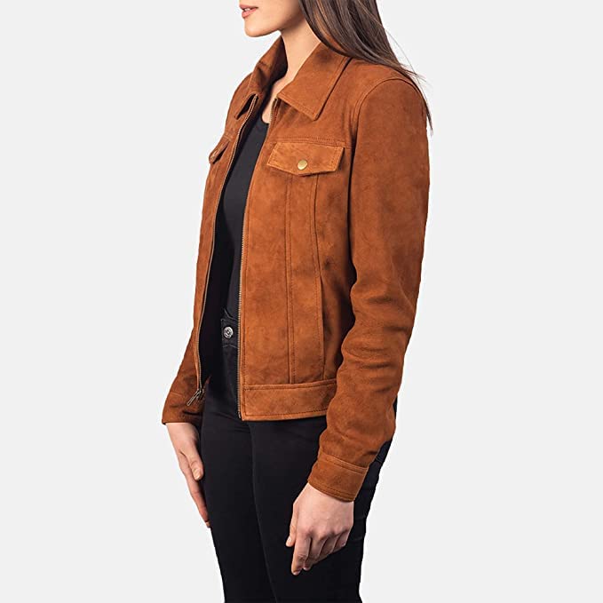 Women 100% Real Suede Leather Trucker Jacket Shirts | Classic Biker Motorcycle Collar Jacket with Zipper2