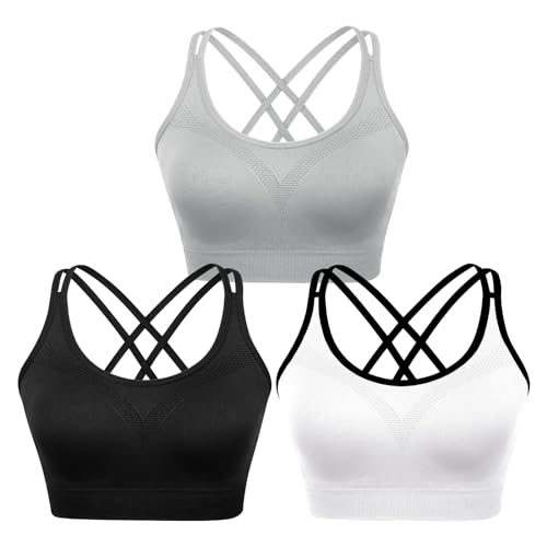 Image of WOYYHO Cross Back Sports Bra for Women Padded Medium Support Workout Bra | 3 Pack, Strappy, Removable Pads, Soft, Spaghetti Strap, Moisture-Wicking, Seamless, for Athletic Yoga Gym Fitness Daily