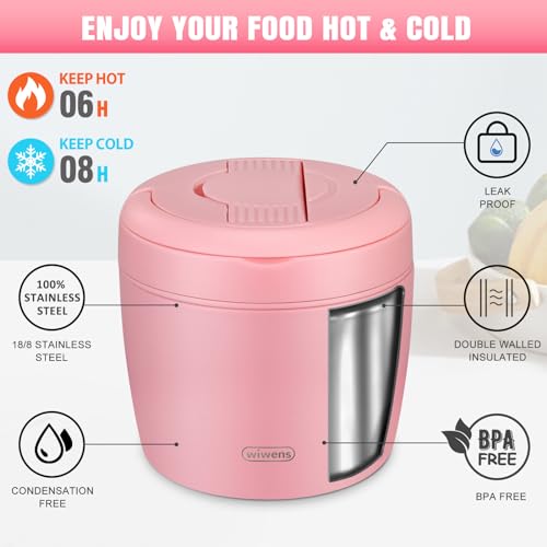 Image of wiwens Thermo Food Jar for Hot Food Adults 32OZ Soup Thermo Lunch Containers Wide Mouth Vacuum Insulated Stainless Steel Leakproof Bento Box with Spoon (Pink2)