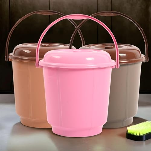 Image of Kuber Industries 3 Pcs 18 Liter Plastic Bucket for Bathroom | Water Storage Bucket | Balti for Bathroom | Plastic Bucket for Daily Use | Pink-Coffee & Mink Grey