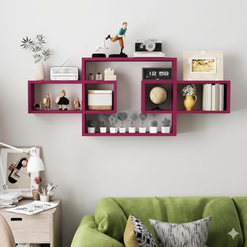 Image of Wooden Wall Shelves for Living Room, Bedroom Wall Mounted Rectangle Bookcase, Intersecting Wall Shelves for Storage Modern Decorative Display Shelves for Wall Decor (Pink)