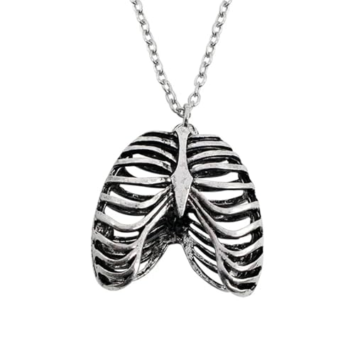 Pendentif squelette anatomique avec cœur rouge, collier goth punk rétro en acier robuste