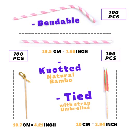 Kit de Décorations Fête Cocktails Bar 300 pièces 100 chaque, Pics pour Verre Apéritif, Parapluies Papier, Bâtons Agitateurs, Bambou Nouées Accessoires décoratifs, Pailles en papier Boissons – Image 3