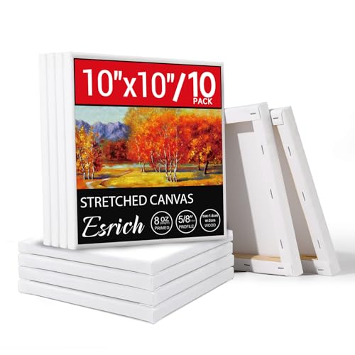 ESRICH 10x10 Stretched Canvas for Painting 10 Pack Square Canvas for Painting Primed Acid-Free Framed Blank Canvas Art Canvases for Beginners & Artists to Paint Oil Acrylic Pouring Painting.