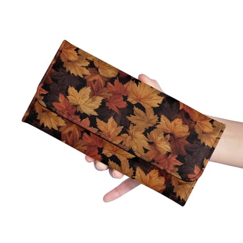 Binienty Fall Maple Leaf Tri-Fold Leather Clutch for Women Portable Lightweight Handbag with Buckle Closed Shopping, Traveling, Business, Work Essentials4