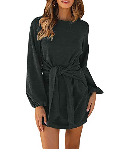 Imysty Womens Dresses Casual Tie Front Lantern Sleeve Party Short Mini Pencil Dress Army Green