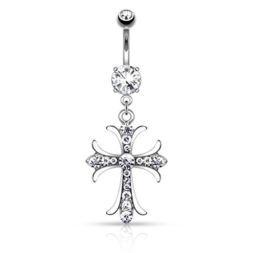 Pierced Owl 14G 316L Surgical Steel Celtic Cross with Paved Gems Dangling Belly Button Ring
