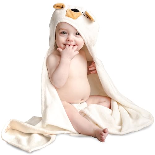 Image of Natemia Baby Hooded Towel - Premium Ultra Soft Baby Bath Towel with Animal Design - Baby Towels for Newborn to Toddler - Made in Turkey - Perfect Baby Gifts - White Bear