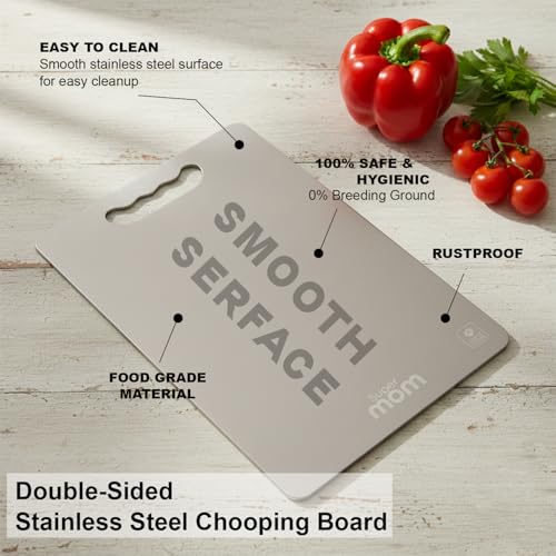Image of SUPERMOM Kitchen Tool 2 Pc - Combo of Medium Stainless Steel Chopping Board with Stainless Steel Kitchen Utility Knife - Rustproof, Hygienic Cutting Surface for Fruits, Veggies, Meat & Daily Food Prep