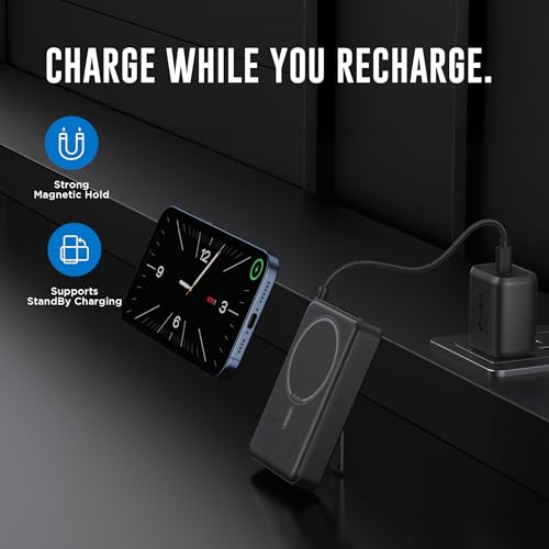 Image of URBN One Premium MagSafe Power Bank 10000mAh | 15W Fast Magnetic Wireless Charging | Built-in Detachable Type C Cable | Dual Port with Pass Through Charging (Black)