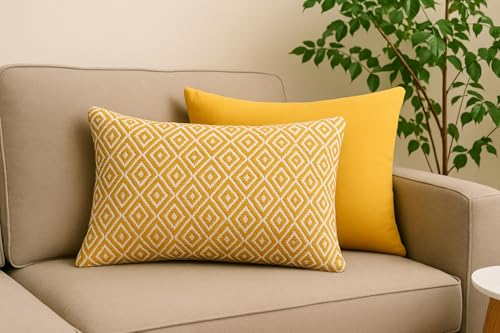 Image of Reversible Yellow Cotton Woven Pack of 1 Fashion Argyle Throw Pillow Covers Cases for Couch Sofa Home Decoration - 20 x 12 Inches | 50 x 30 Cm
