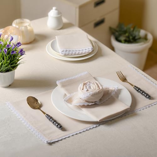 Image of FINGERCRAFT Lace Trim Cloth Napkins Set of 6, 20x20 Inch Cotton Linen Blend Dinner Napkins, Reusable Washable Table Napkins for Wedding, Farmhouse Dining, Parties & Home Decor (Peach)