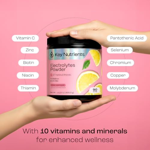 KEY NUTRIENTS Multivitamin Electrolytes Powder No Sugar - Fresh Pink Lemonade Electrolyte Powder - Endurance & Energy Supplement - Hydration Powder - No Calories - 90 Servings - Made in USA