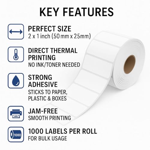 Image of 50x25 Direct Thermal Barcode Label Sticker - 2 x 1 inches - 50mm x 25mm - 1000 Labels Per Roll - White Self Adhesive Sticker for Printing Barcoding (8 Roll per Pack (8000 Labels))