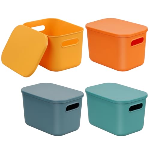 4 pièces de boîtes de rangement en plastique empilables colorées avec couvercles – Petits bacs organisateurs pour étagères, paniers de rangement avec...