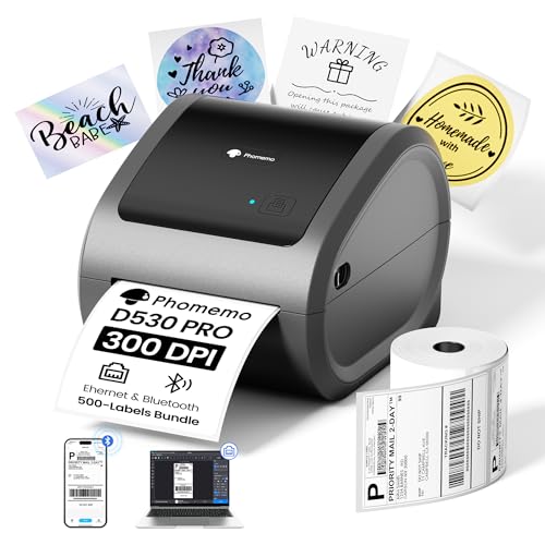 Image of Phomemo 300 DPI 4x6 Thermal Shipping Label Printer with 500 Labels, Ethernet Bluetooth USB, High Resolution Thermal Printer for Small Business, Compatible with iOS Android Windows Mac, for USPS UPS