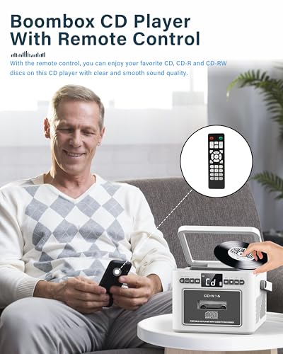 Image of Sunoony Boombox Cassette CD Player Combo with Bluetooth, 5000mAh Battery | Rechargeable Cd and Cassette Player for Home /Kids /Gift,FM Radio /Remote Control /Tape Recording /AUX /TF /USB /Earphone Jack(White)