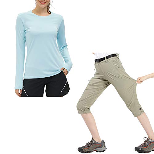 MIER Women's UPF 50+ Sun Protection T-Shirt and Hiking Capri Pants Lightweight with 4 Pockets