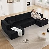 ONEMMLION Cloud Couch Sectional Modular Sofa, 132' Black Boneless Couches for Living Room, Modern Plush Memory Foam U Shaped Sofa Corduroy Sectional Floor Couch with Chaise Lounge, Black