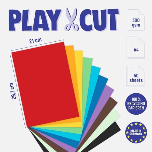 PLAY-CUT Fotokarton A4 Set (300g/m2) | 50 Bogen Din A4 Foto Karton Bunt mit 10 Verschiedenen Farben | Dickes Foto Papier | Premium Druckerpapier Dicke Stärke | Karton zum Basteln Drucken