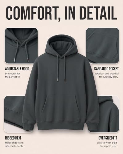 Image of NOBERO Oversized Solid Hooded Sweatshirt for Men | Oversized Hoodie for Men | Hooded Pullover | Cotton Rich Printed Hoodie 280 GSM Fleece