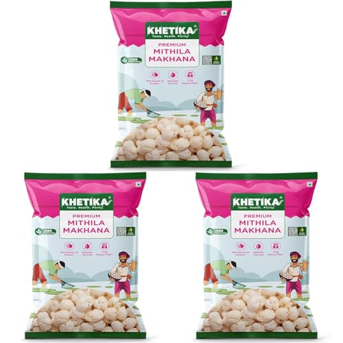 Image of Khetika Mithila Makhana 250g | Fit for Fasting, Dry Fruits in Fresh, Raw Foxnut, Phool Makhana for Prasadam, Premium Lotus Seeds, Rich in Calcium, Natural & Crunchy, Direct from Farm (Pack of 3)