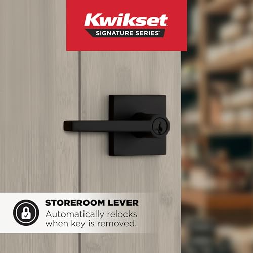Image of Kwikset Halifax Keyed Storeroom Entry Door Handle with Lock and Key, Secure Keyed Reversible Lever Exterior, Front Entrance and Bedrooms, Matte Black, Pick Resistant SMT Rekey Security and Microban