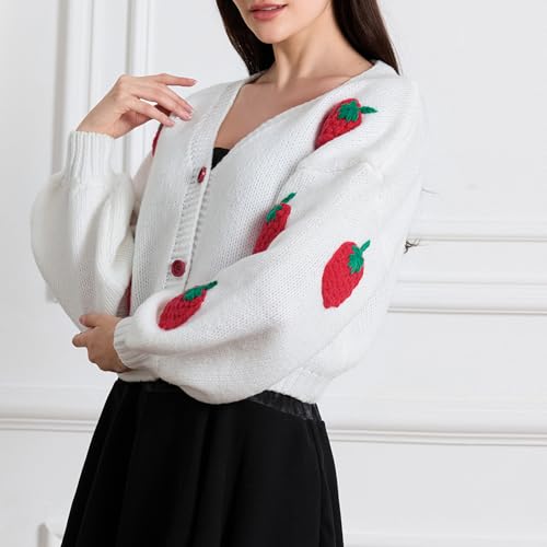Ladies Single-Breasted Knitwear, Girls Leisure Style Strawberry V-Neck Puff Long Sleeve Knitted Coat Slim Cardigan4