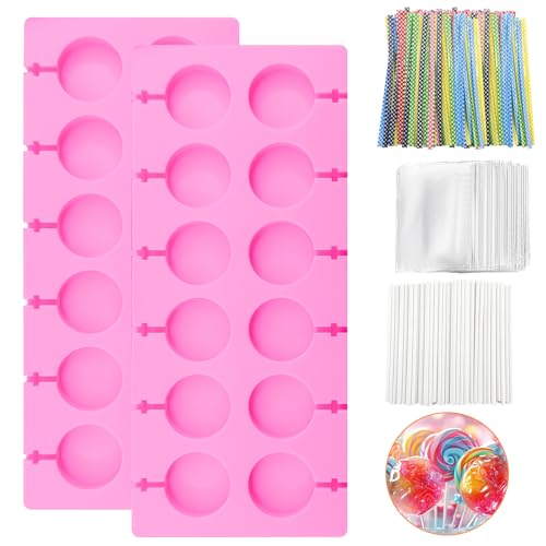 2 Stück Silikon Lollipop Formen,12 Rund Hohlräume Schokoladenlutscher Formen mit 100 Lutscherstäben und 100 Bändern und 100 Tüten,Cake Pop Silikonform für Gelee-Schokoladenlutscher