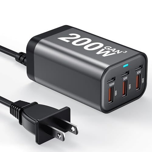 200W USB C Charger 6 Port PD 100W 65W 45W 20W GaN Wall Charger Adapter Plug USB A Fast Charging Station Block for MacBook Pro/Air, iPad, iPhone 17 16 Galaxy S26 Pixel Dell Laptop Type C Phone Android