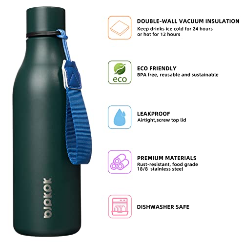 Image of BJPKPK Insulated Water Bottles, 18 oz Stainless Steel Metal Water Bottle with Strap, BPA Free Leak Proof Jugs, Mugs, Flasks, Reusable Thermal Flasks for Sports & Travel, Army Green