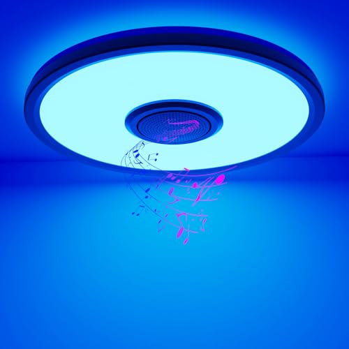 hepside Plafonnier LED Dimmable avec Haut-parleur Bluetooth, 24W RGB Change Couleur Lampe Plafond Télécommande, 3000K-6500K Rond Plafonniers, Luminaire...