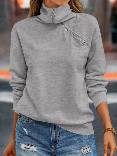 Fisoew Womens Zipper Sweatshirt Turtleneck Long Sleeve Pullover Casual Loose Sweatshirts Top T Shirts Light Grey